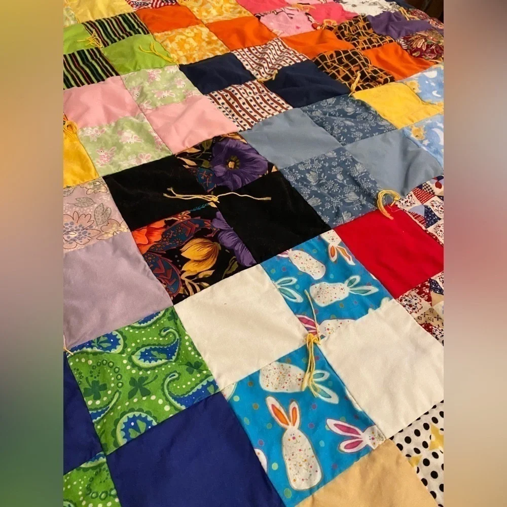 Patchwork Tied Cottagecore Quilt w/a Winter Blue Snowman Scene on Backside